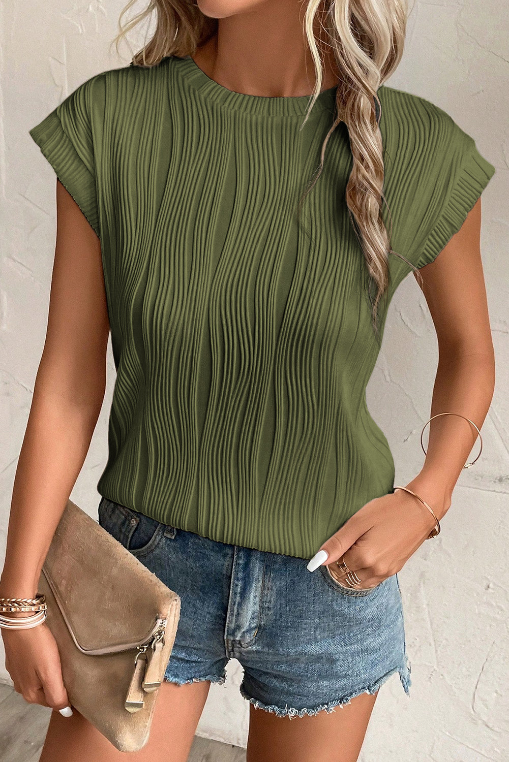 Black Solid Color Wavy Textured Cap Sleeve Top