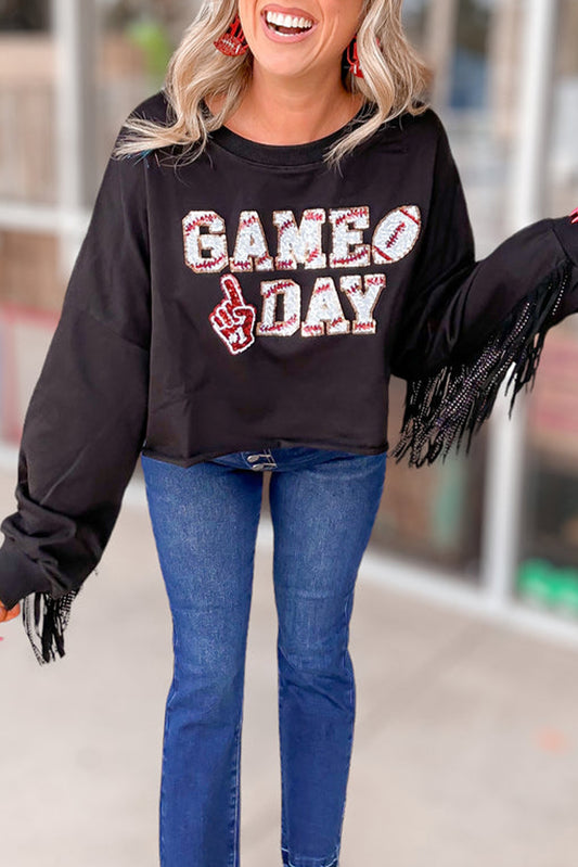 Black GAME DAY Football Sequin Tassel Cropped Sweatshirt