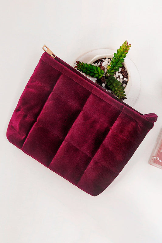 Burgundy Quilted Velour Zipper Makeup Bag