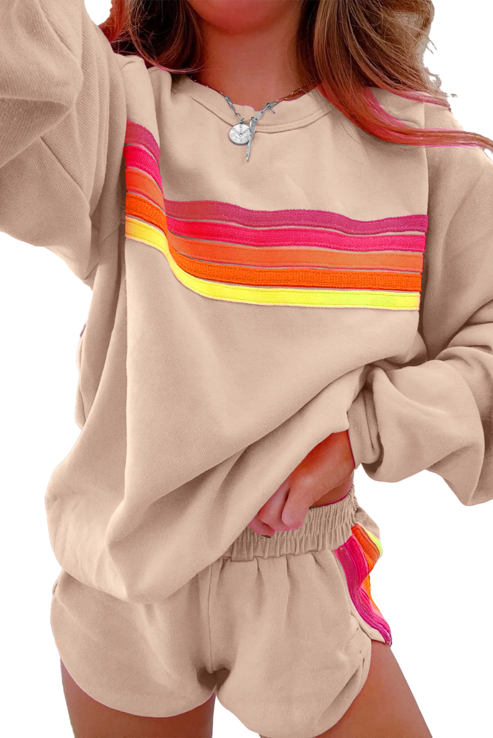 Beau Blue Colorful Striped Long Sleeve Pullover and Shorts Set