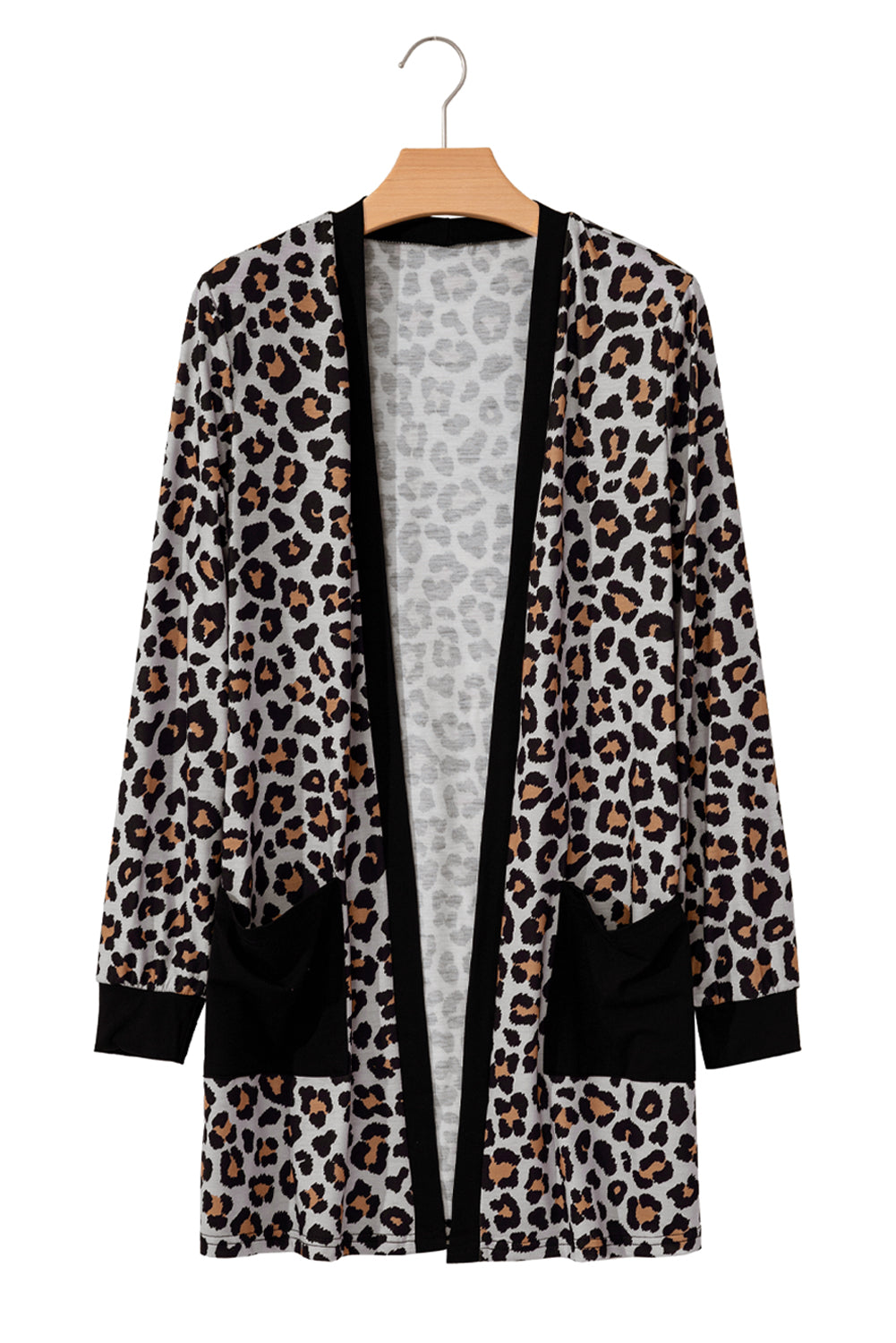 Black Leopard Patched Pocket Open Front Cardigan