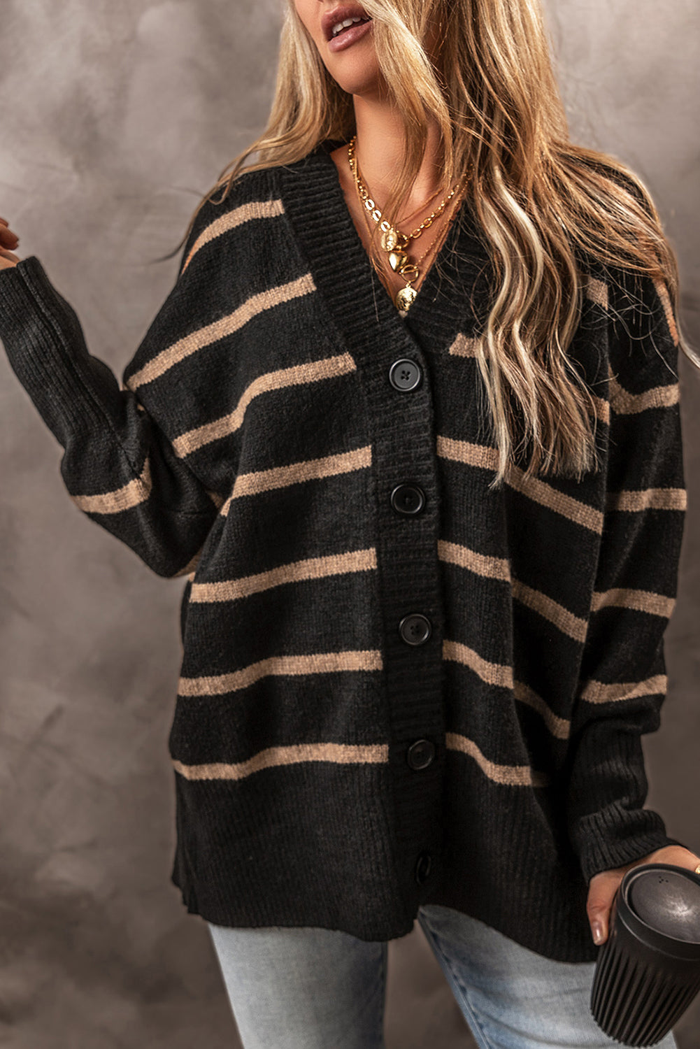 Black Stripe Buttoned V Neck Drop Shoulder Loose Cardigan