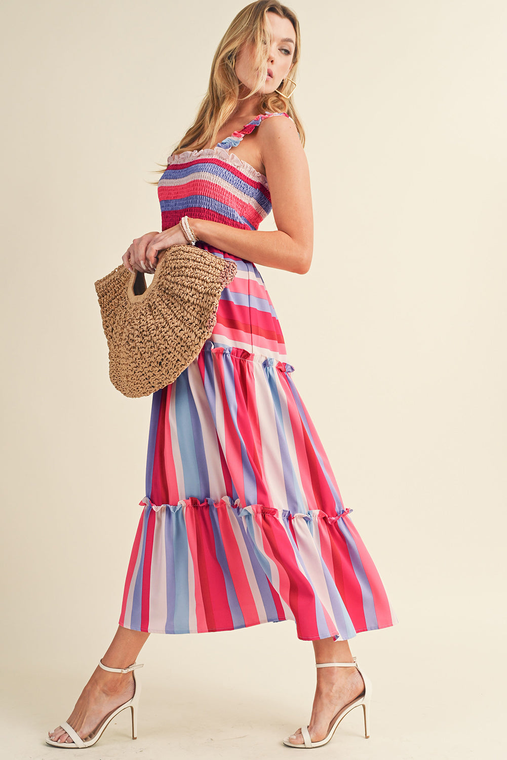 Red Stripe Ruffled Straps Smocked Tiered Midi Dress