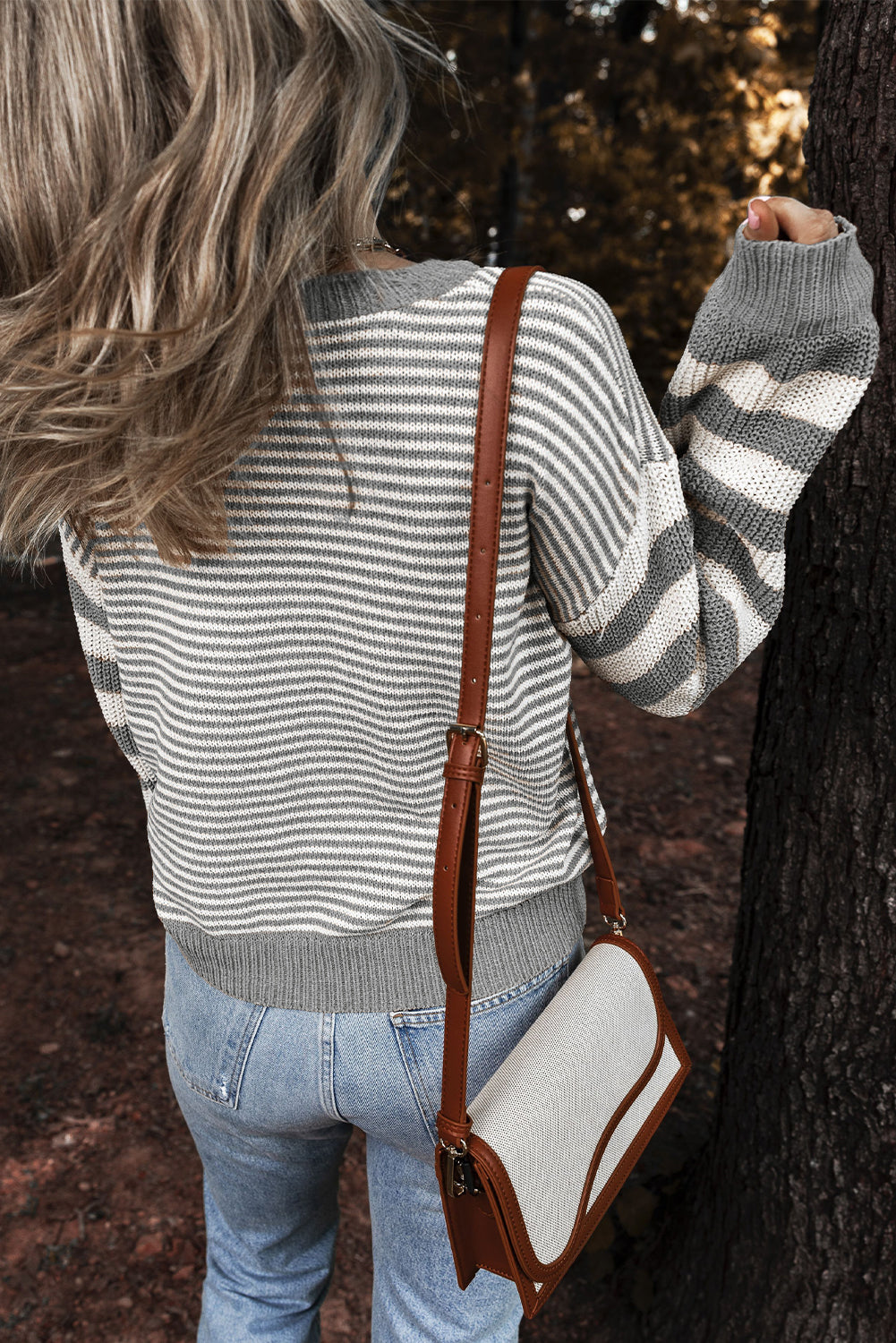 Red and White Stripe Twisted Knitted Drop Shoulder Sweater