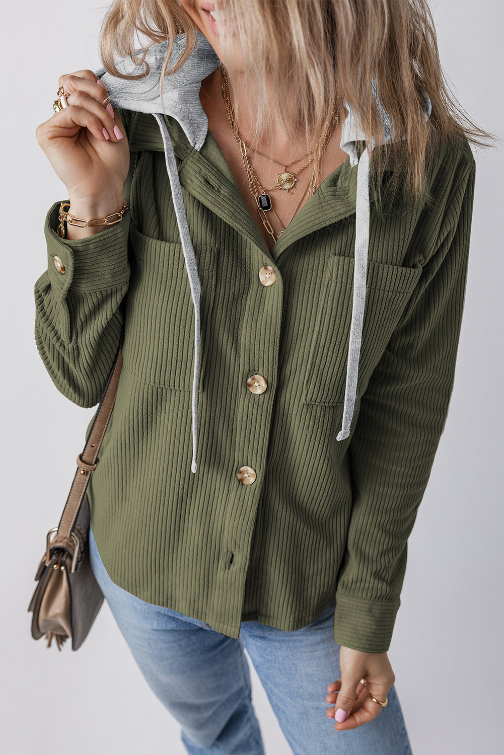 Moss Green Pockets Drawstring Hooded Corduroy Shacket