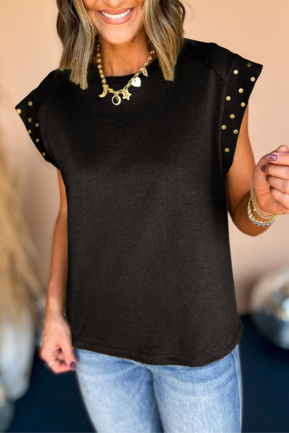 Dark Grey Casual Studded Round Neck T Shirt