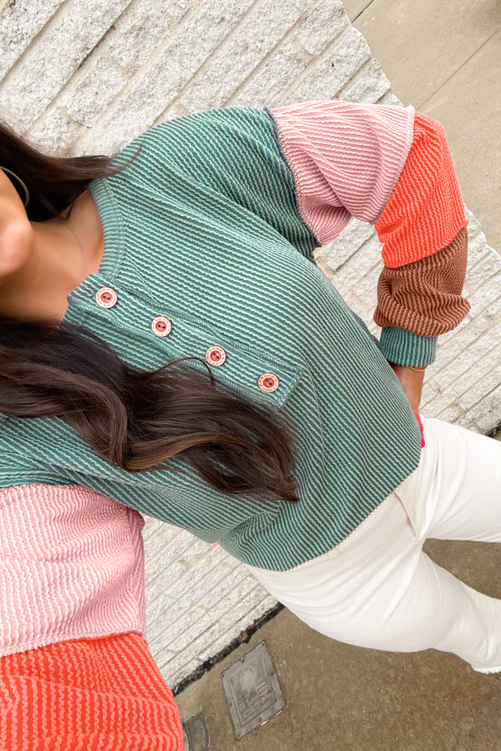 Multicolour Twisted Ribbed Colorblock Patchwork Henley Top