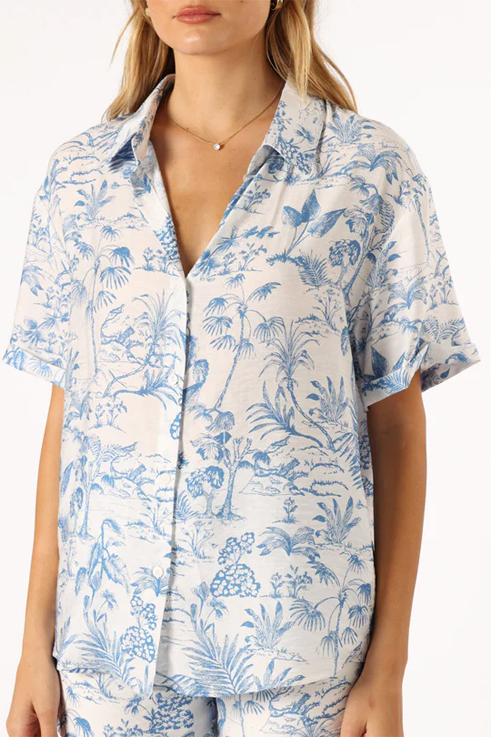 Sky Blue Tropical Print Button-Up Shirt & Shorts Lounge Set