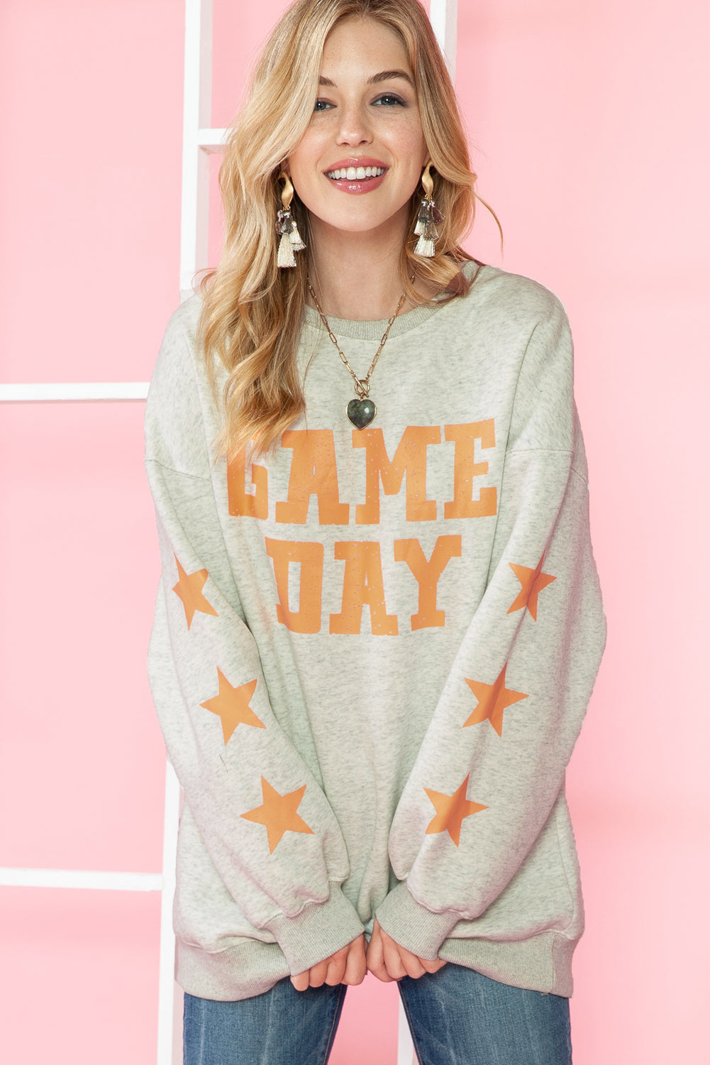 Orange Lettering Game Day Print Star Sleeve Sweatshirt