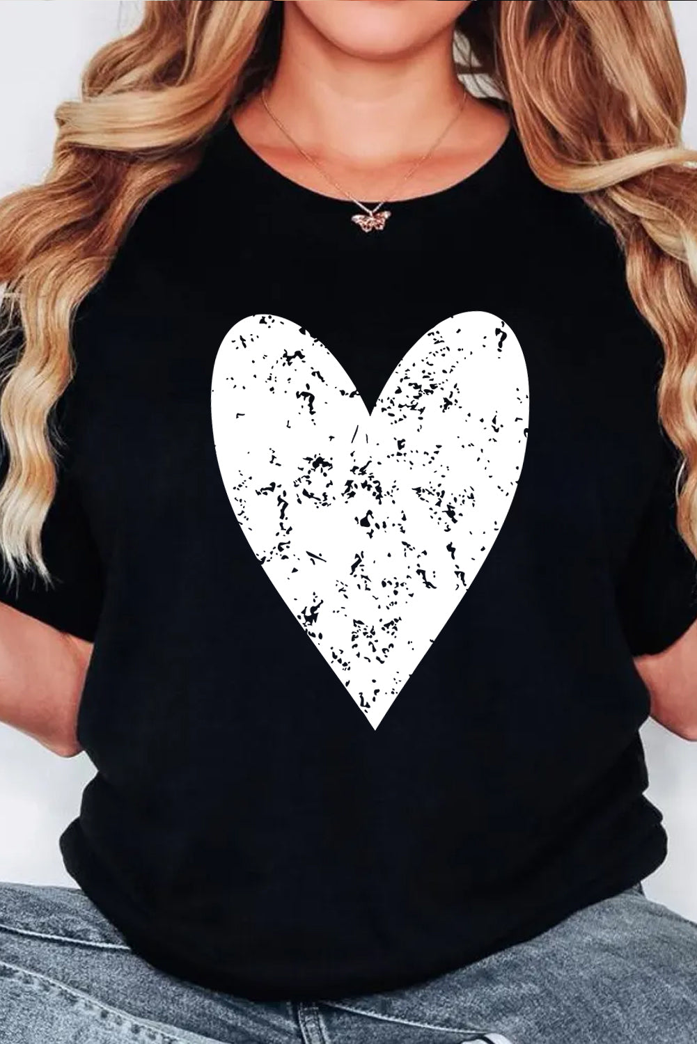 Black Valentines Heart Printed Round Neck T Shirt