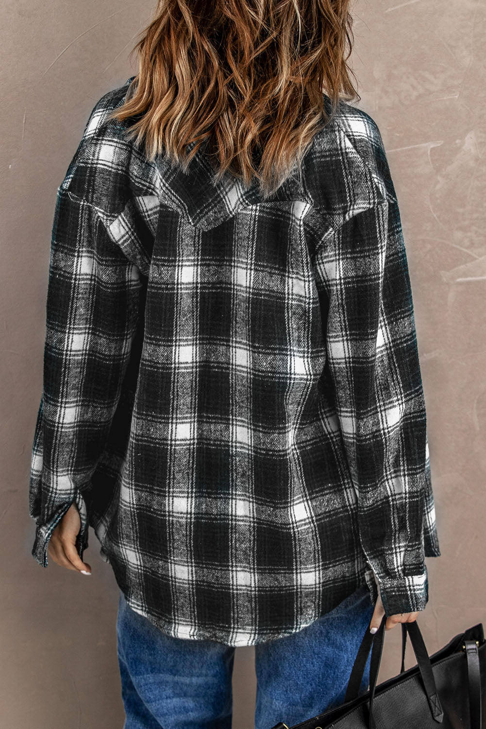 Black Button Up Collared Plaid Shacket