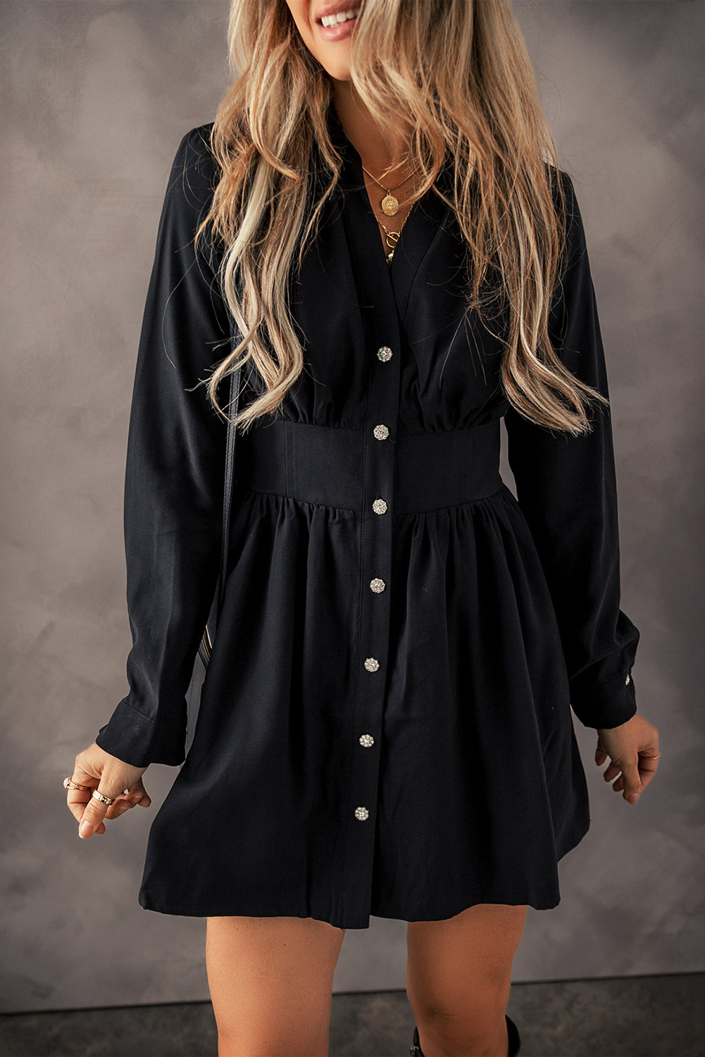 Black Buttoned High Waist Long Sleeve Mini Dress