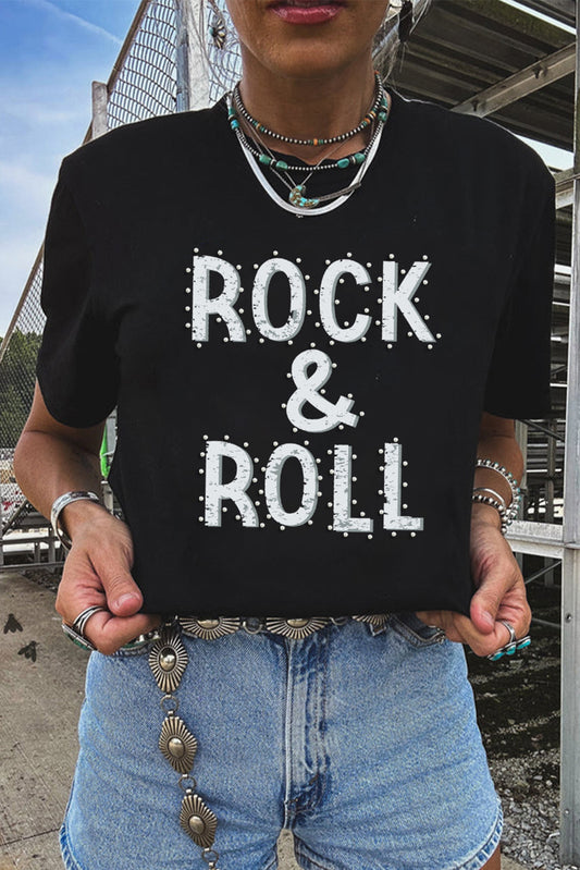 Black ROCK & ROLL Beaded Crew Neck Graphic Tee