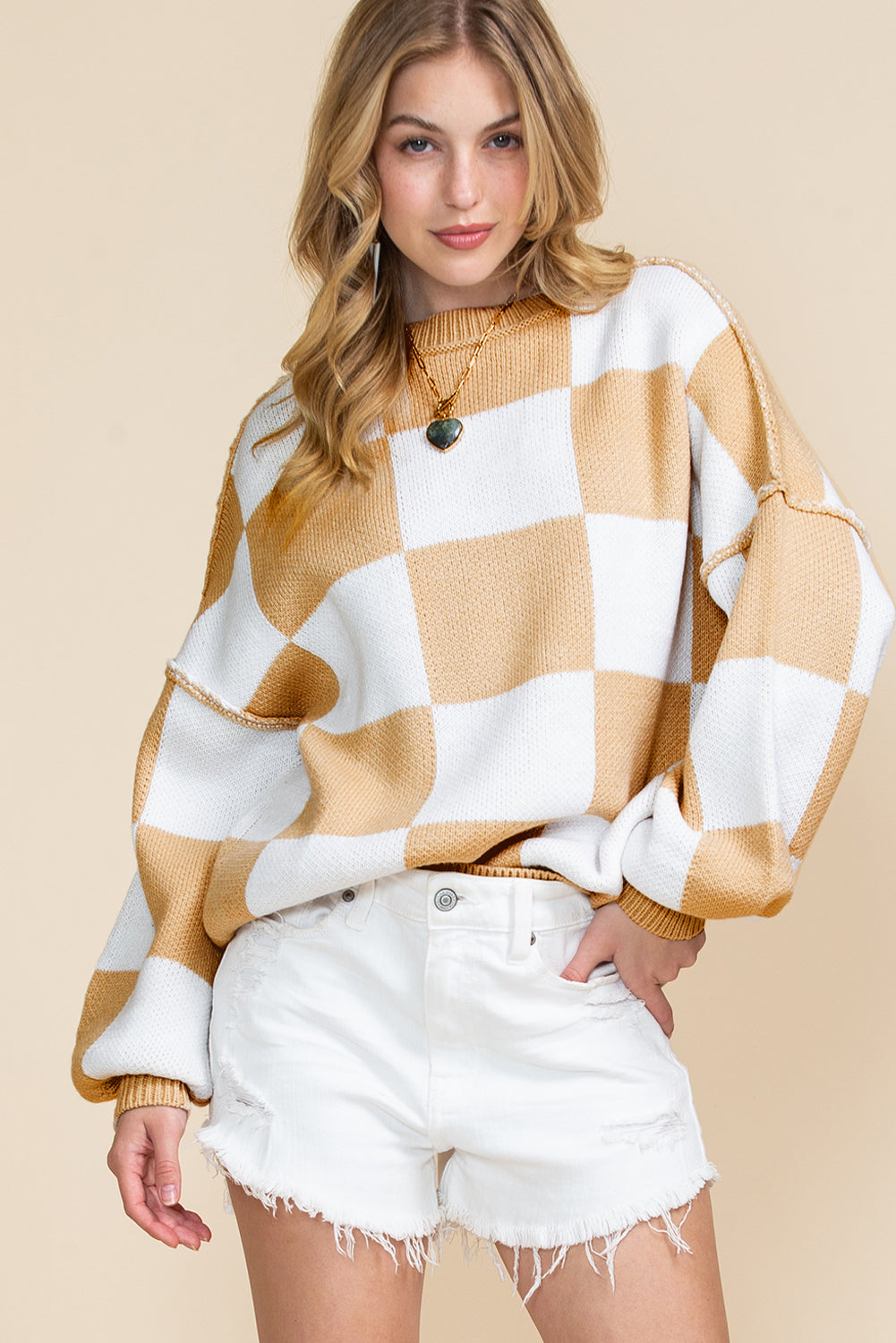 Checkered Bishop Sleeve Pullover Sweater