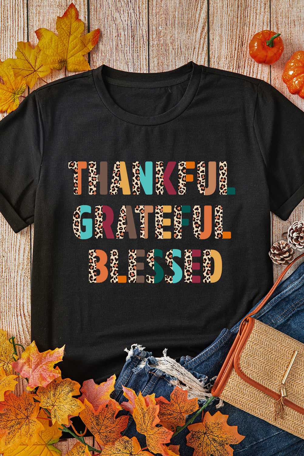 Black THANKFUL GRATEFUL BLESSED Thanksgiving Graphic Tee