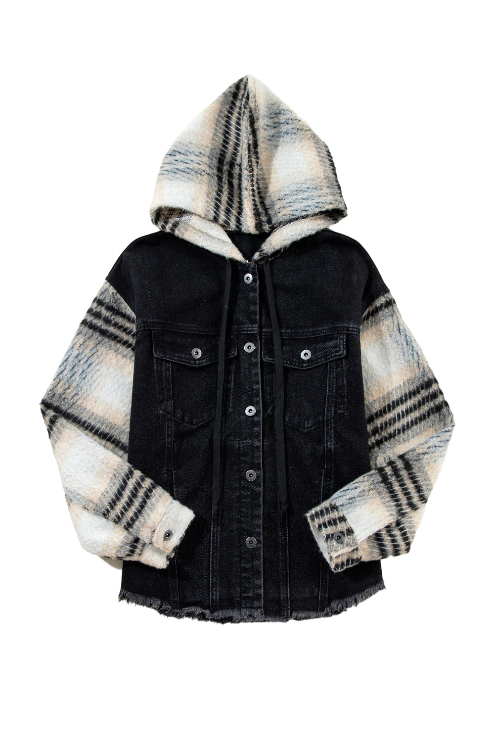 Black Patchwork Plaid Sleeve Frayed Hem Hooded Denim Jacket