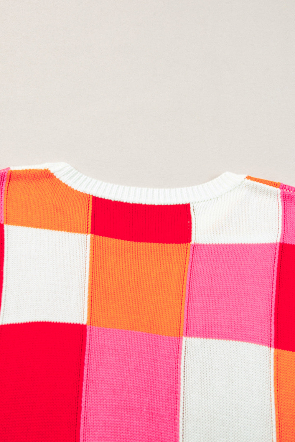 Grapefruit Orange Checkered Color Block Cap Sleeve Knitted Top