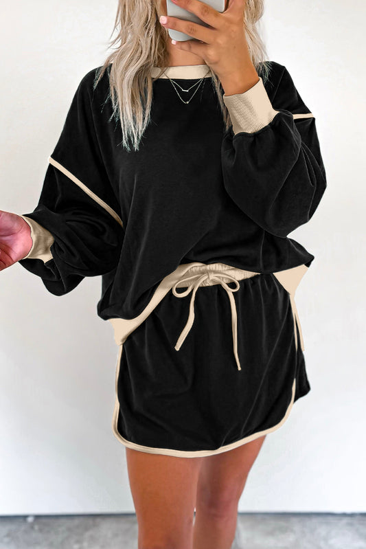 Black Contrast Trim Loose Pullover and Lace-up Waist Skort Set