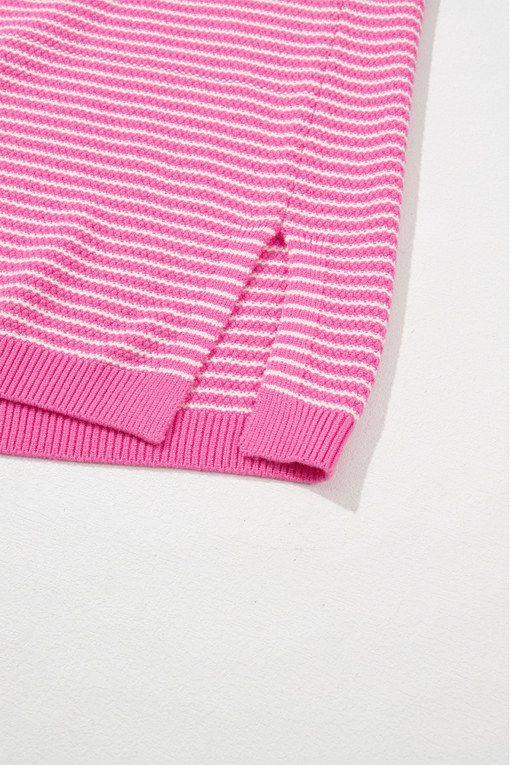 Pink Striped Scallop V Neck Split Knitted Sweater