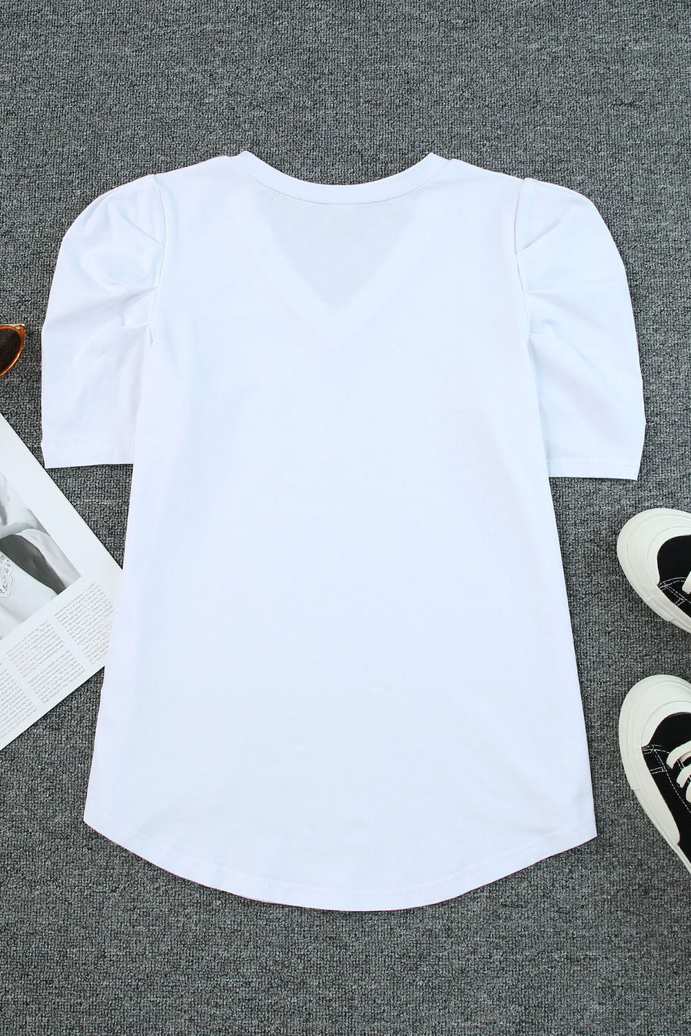 Black Puff Sleeve Casual V Neck T-Shirt