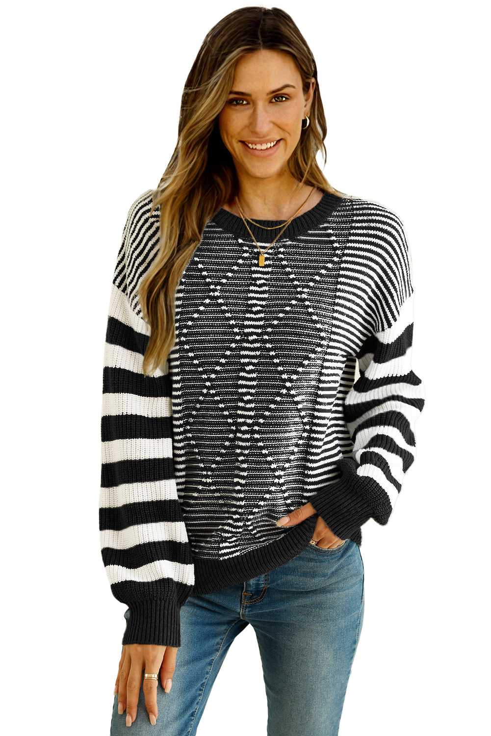 Red and White Stripe Twisted Knitted Drop Shoulder Sweater