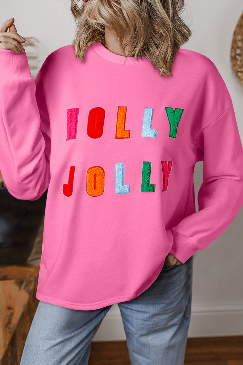 Bonbon Chenille Holly Jolly Graphic Christmas Long Sleeve Sweatshirt