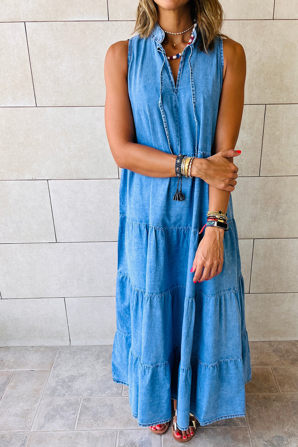 Denim Sleeveless Tiered Chambray Maxi Dress