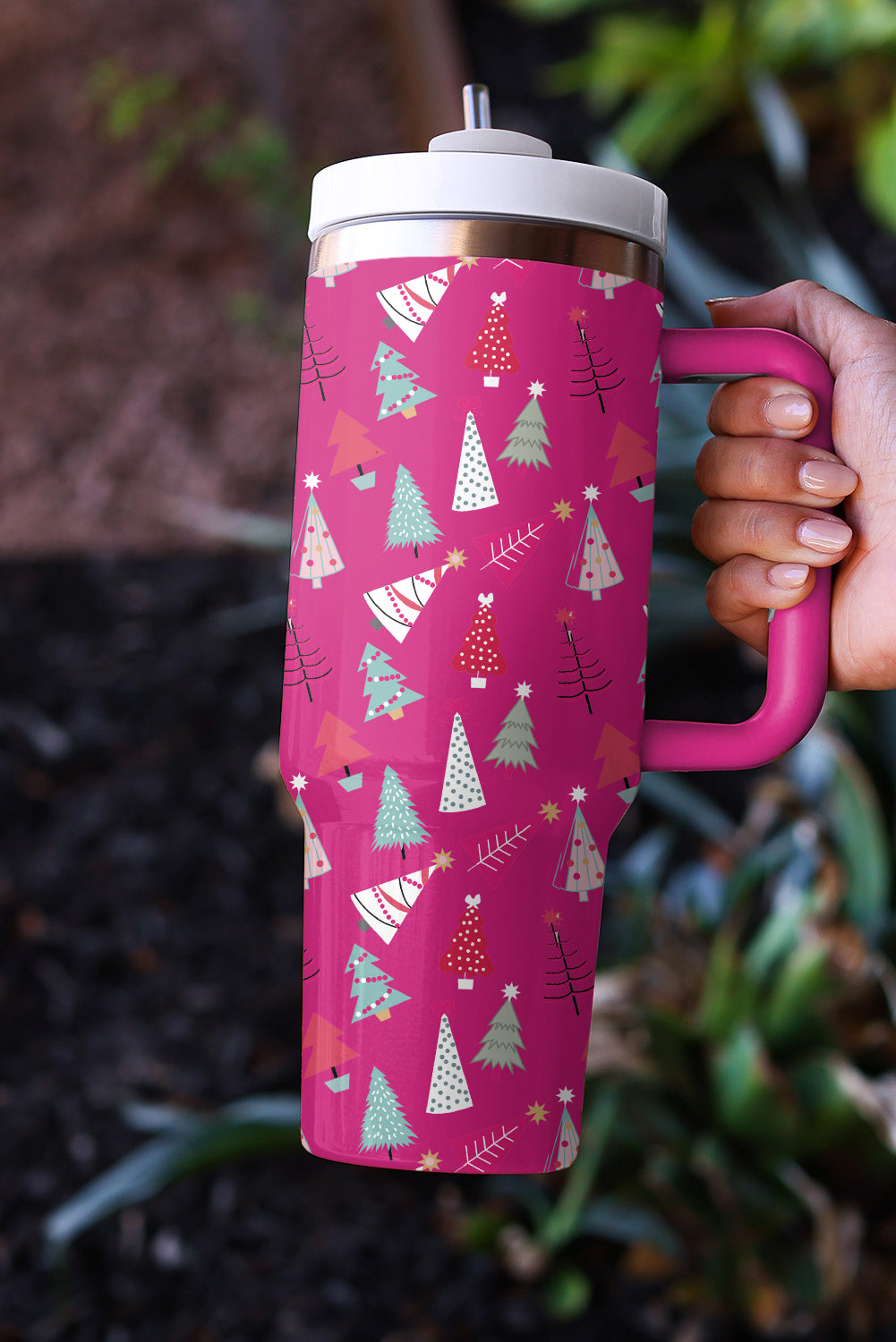 Rose Red Cartoon Christmas Tree Printed Thermos Cup