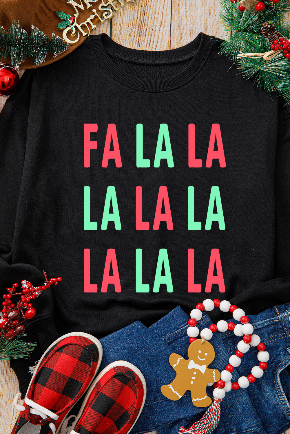 Black FA LA LA LA Print Round Neck Sweatshirt