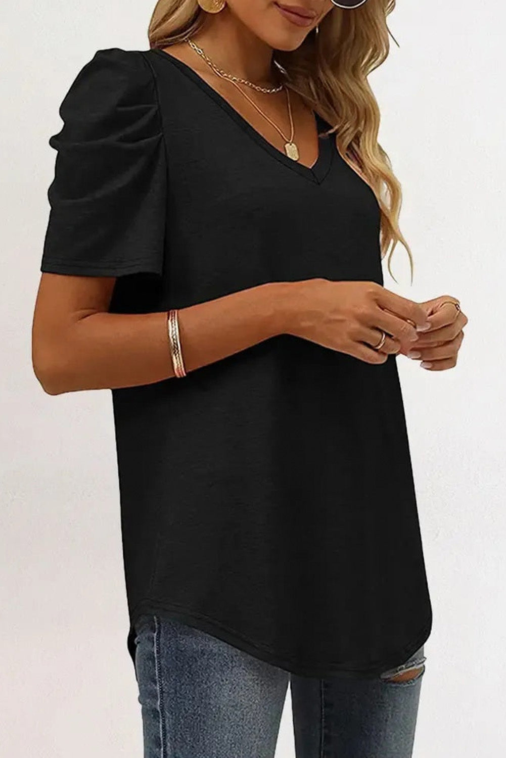 Black Puff Sleeve Casual V Neck T-Shirt