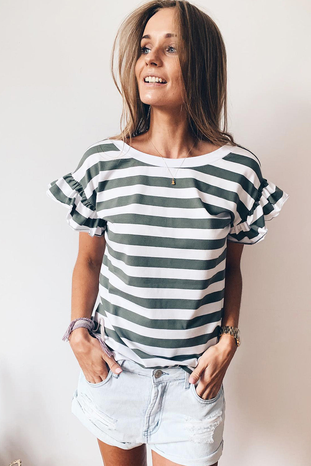 Black Striped V Neck Ruffle Sleeve Top