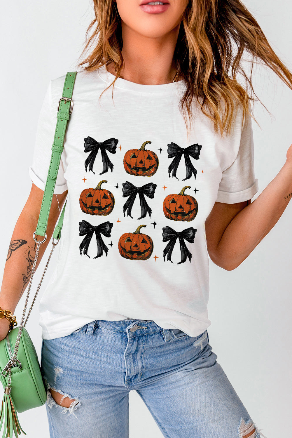 White Halloween Pumpkin Face Bowknot Graphic T Shirt