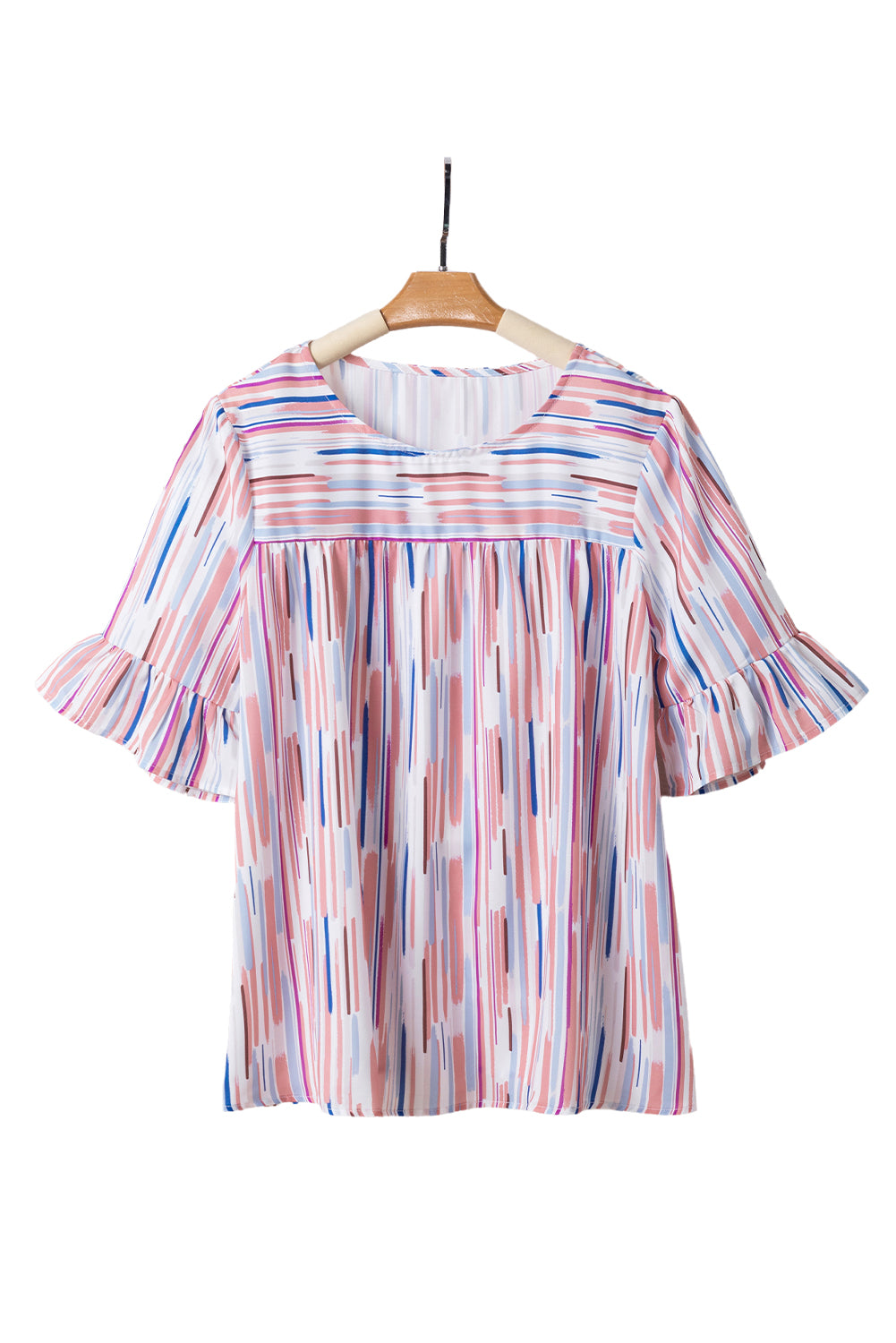 White Striped Abstract Print Ruffle Half Sleeve Blouse