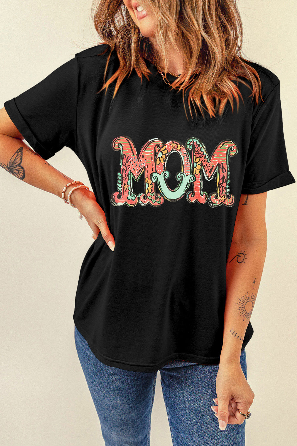 Black Floral MOM Graphic Round Neck T Shirt