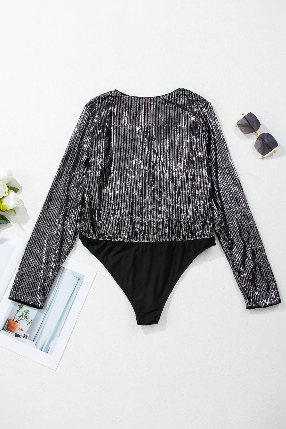 Black Sequin Mesh Long Sleeve Surplice Neck Bodysuit