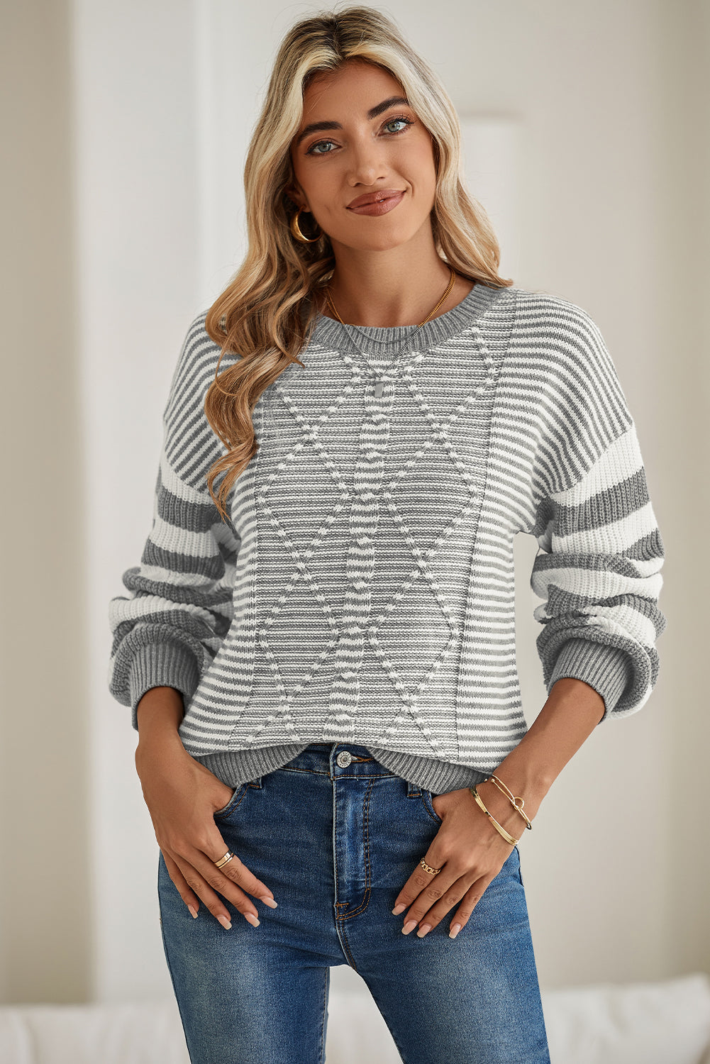 Red and White Stripe Twisted Knitted Drop Shoulder Sweater