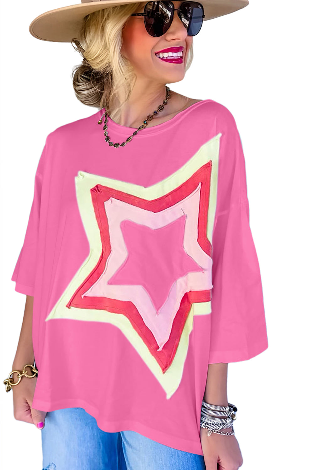 Bonbon Colorblock Star Patched Half Sleeve Oversized Tee