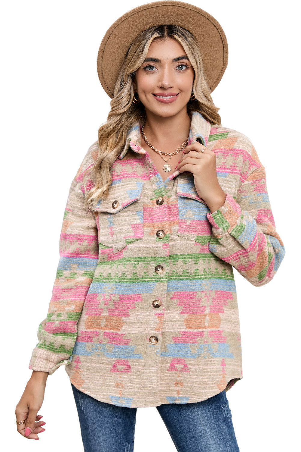 Multicolor Southwest Button Up Flap Pockets Geometric Jacket for Women