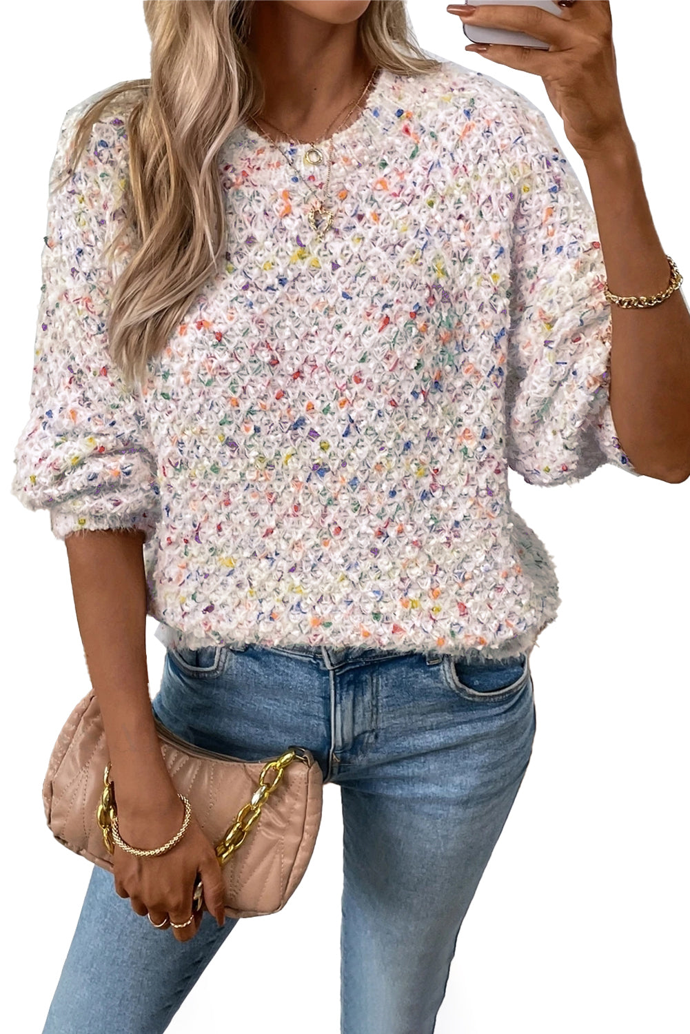 White Colorful Confetti Knit Lantern Sleeve Sweater