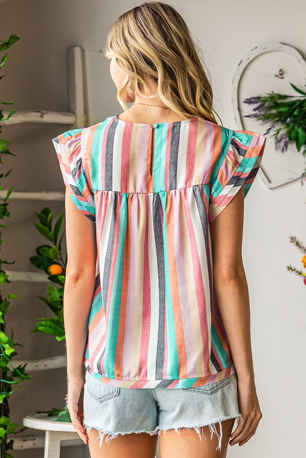 Multicolor Striped Back Button Keyhole Layered Sleeve Blouse