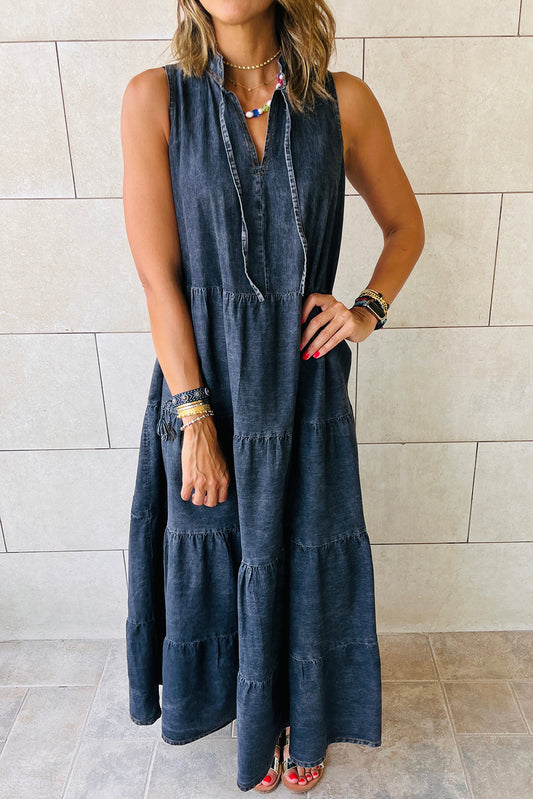 Denim Sleeveless Tiered Chambray Maxi Dress