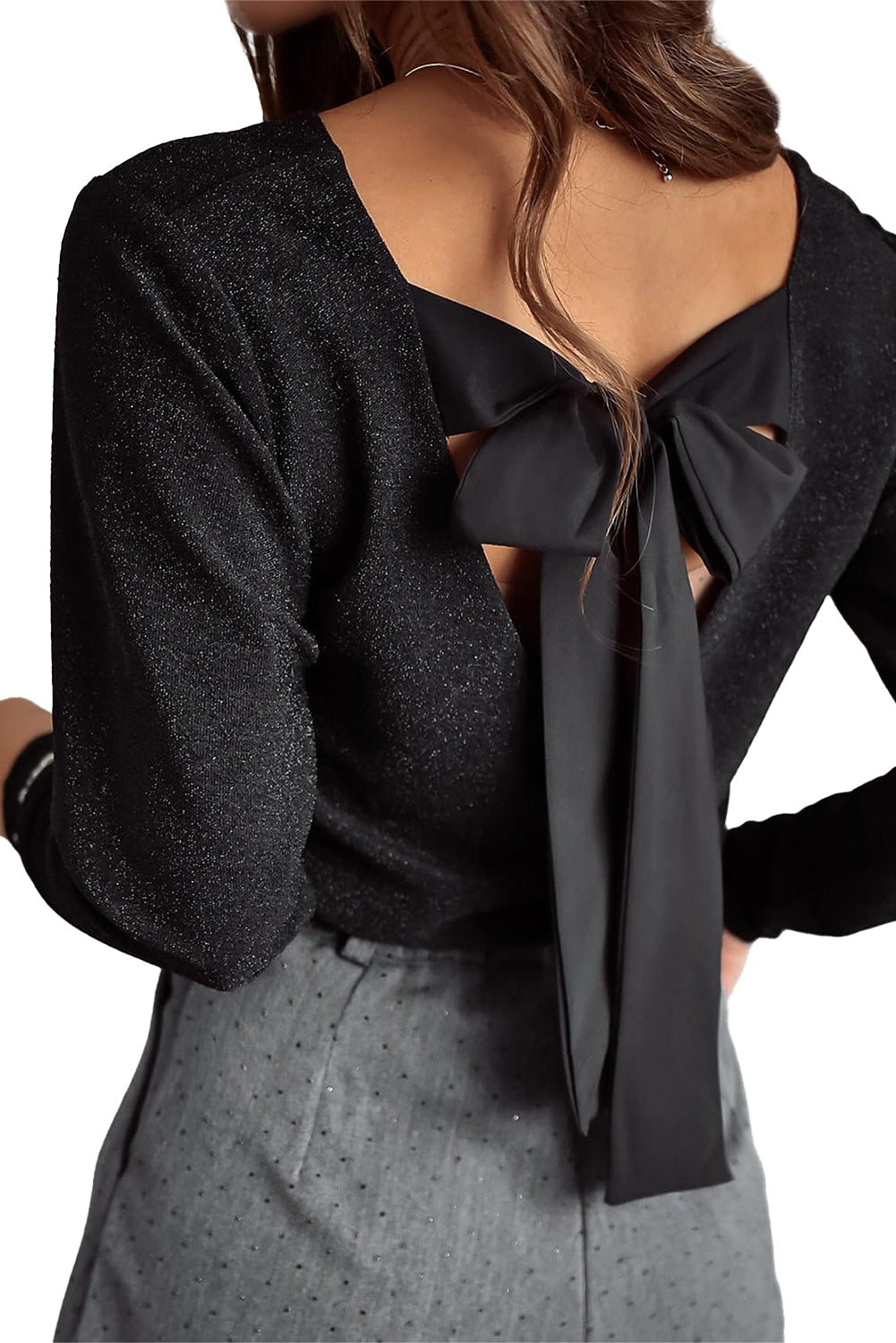 Black Metallic Bowknot Backless V Neck Top