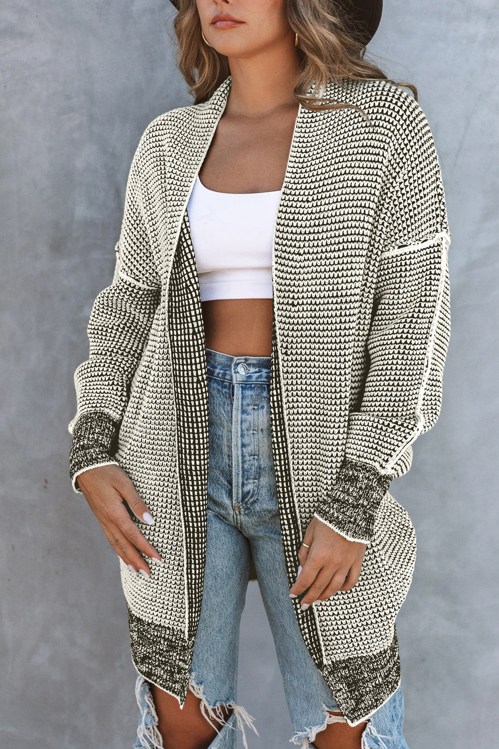 Plaid Contrast Trim Casual Knit Cardigan