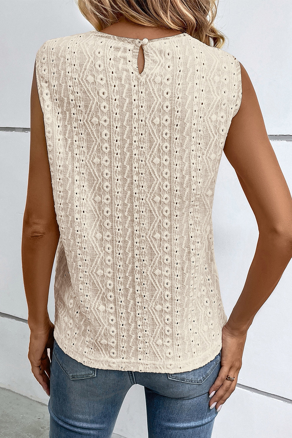 White Guipure Lace Crochet Keyhole Back Sleeveless Top