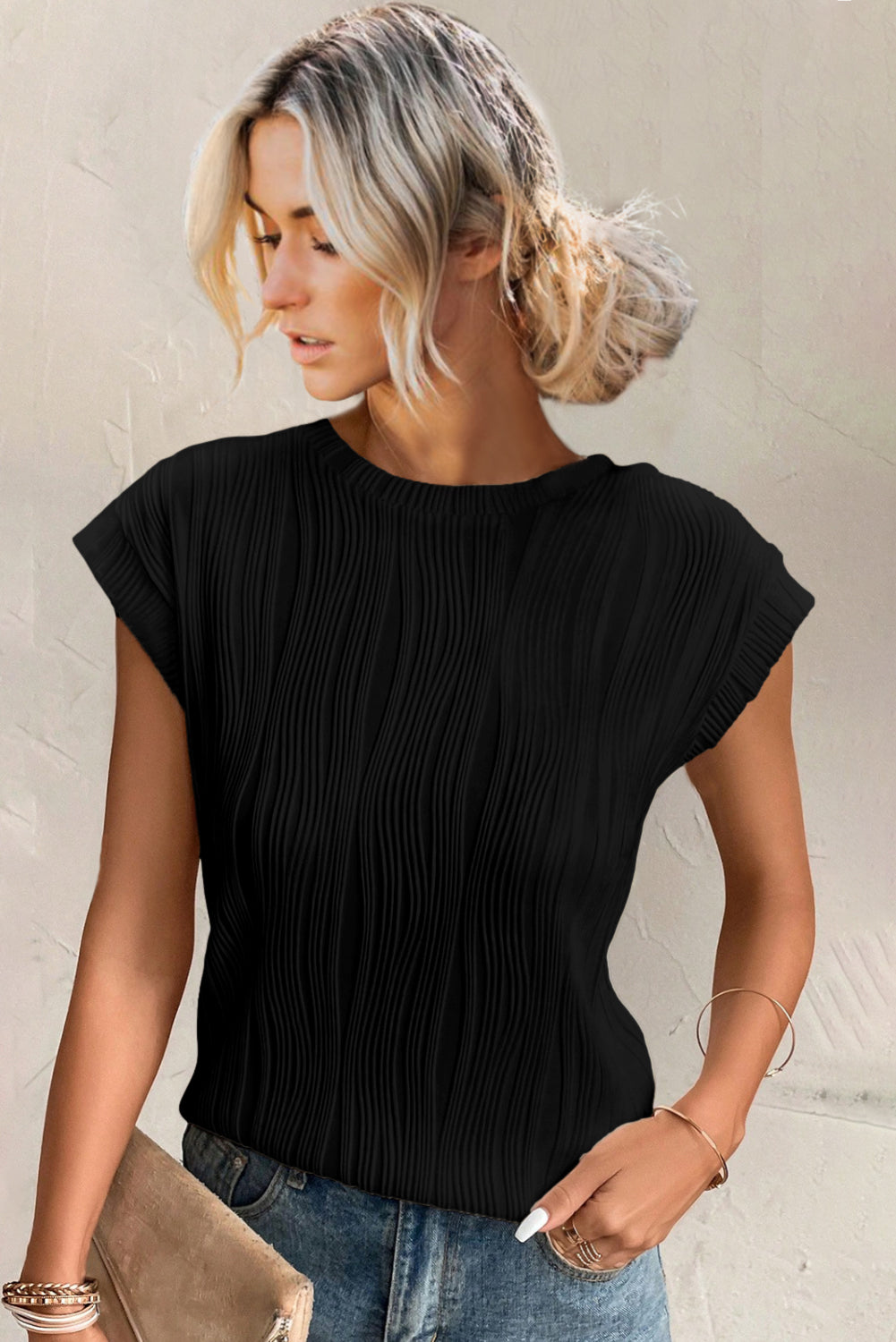 Black Solid Color Wavy Textured Cap Sleeve Top