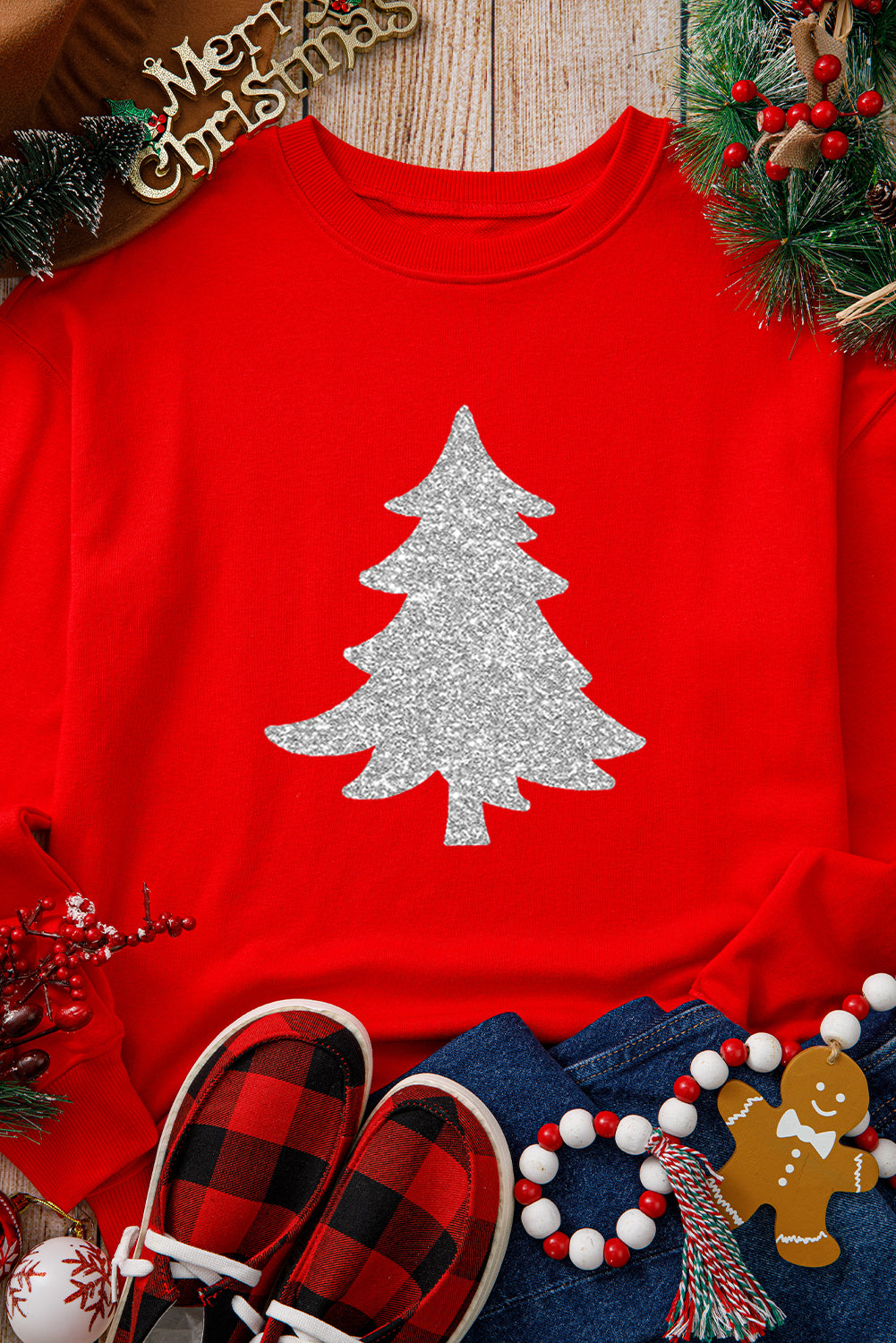 Red Silver Christmas Tree Printed Pullover Sweatshirt