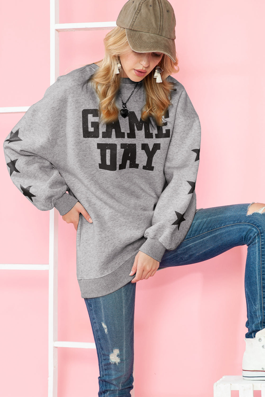 Orange Lettering Game Day Print Star Sleeve Sweatshirt