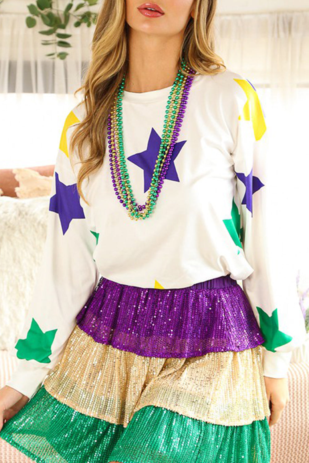 White Mardi Gras Star Print Long Sleeve Top