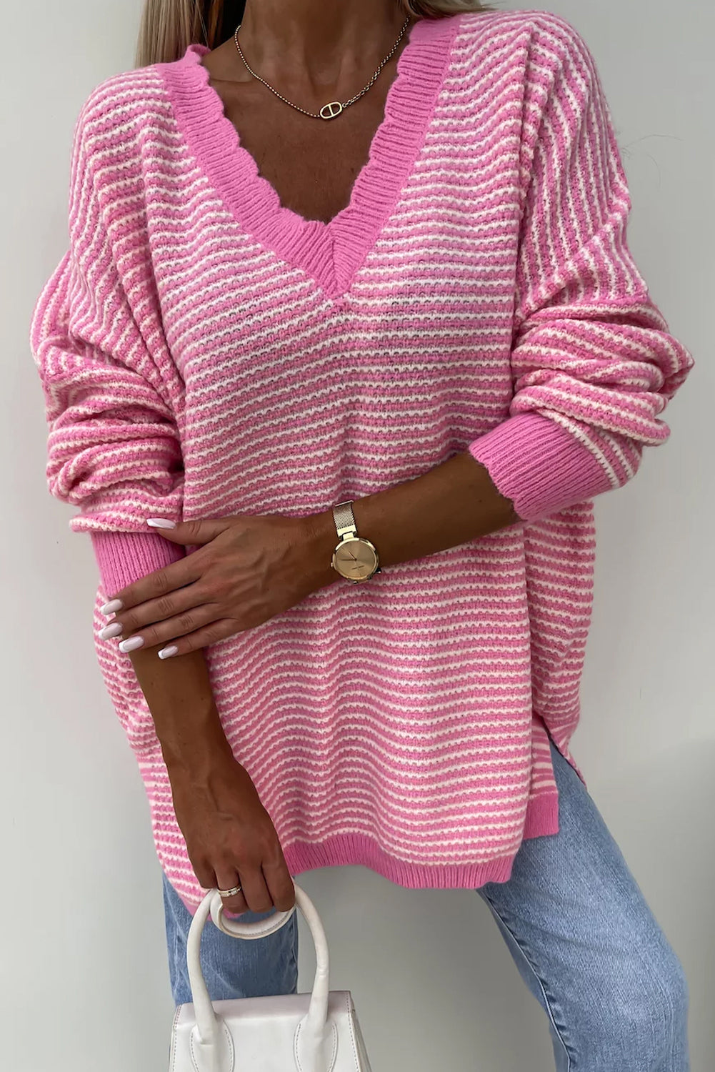 Pink Striped Scallop V Neck Split Knitted Sweater