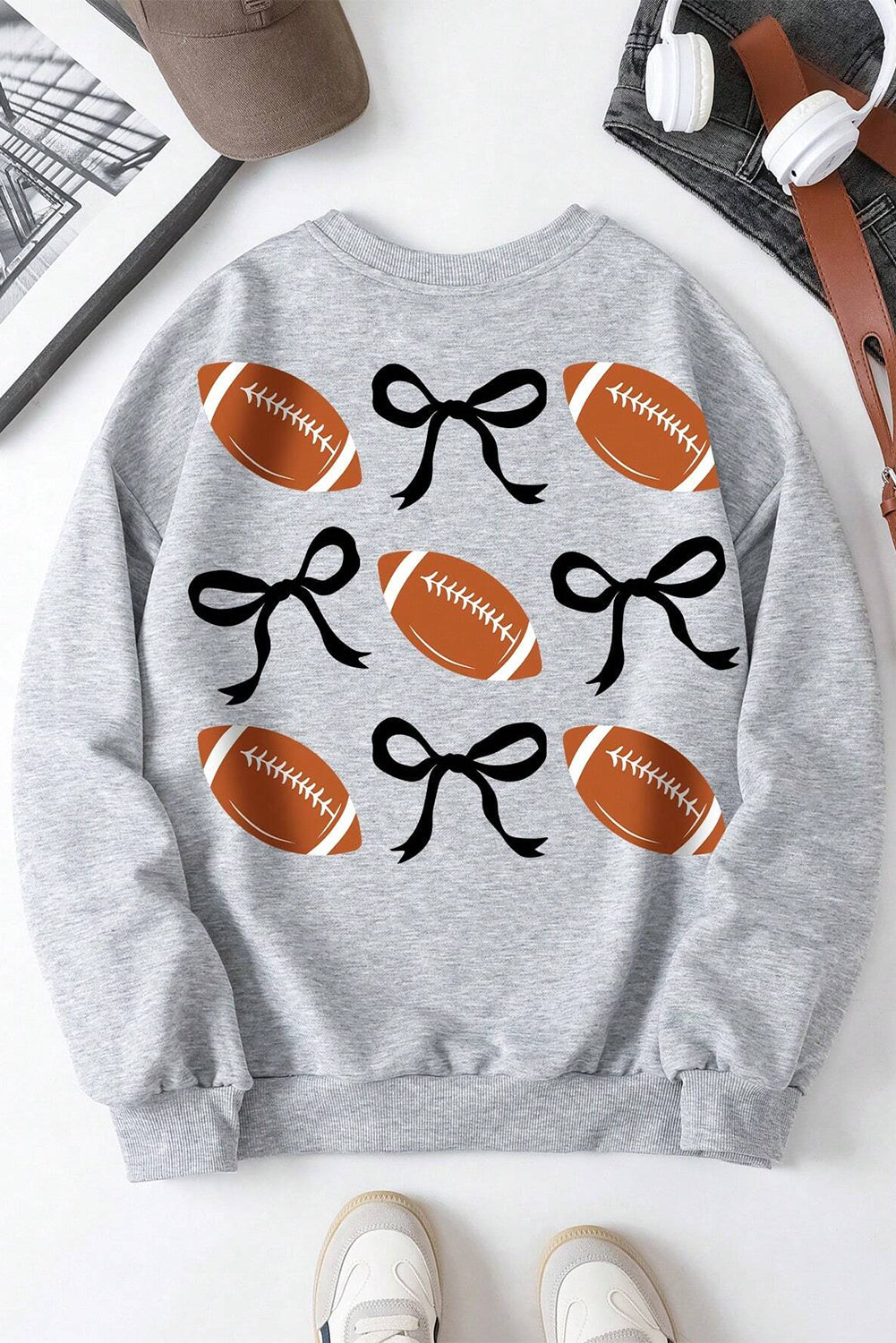 Gray Football Bow Knot Print Crewneck Sweatshirt